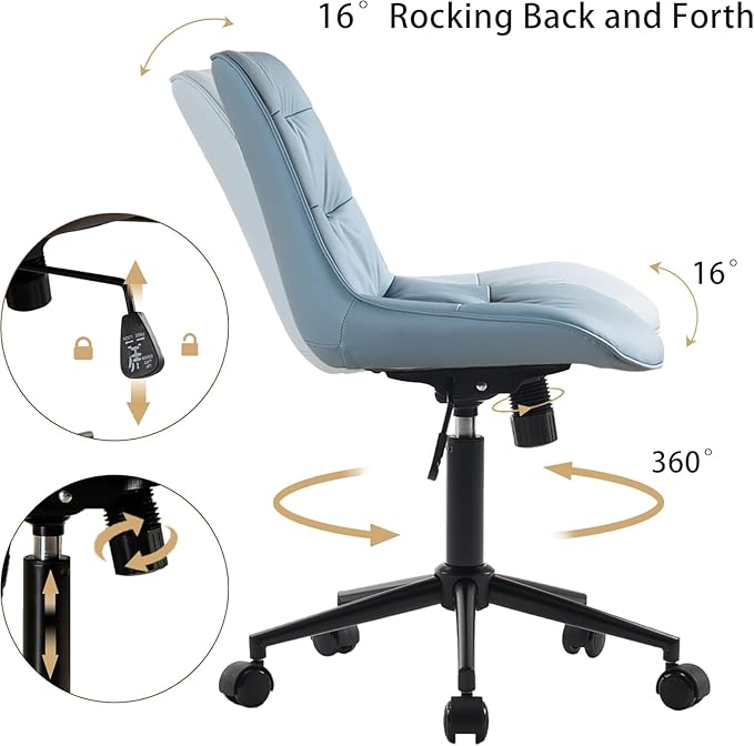 Kidol & Shellder Faux Leather Office Chair, Adjustable Swivel Height Task Chair, Rolling Wheels & Soft Backrest - Armless Ergonomic Desk Chair for Home, Office,Vanity,Gaming(Blue)