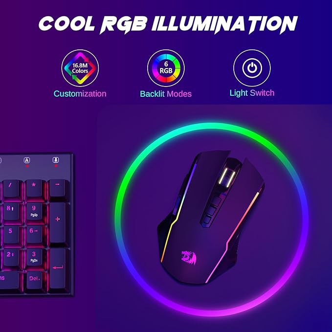 Redragon Wireless Gaming Mouse, Tri-Mode 2.4G/USB-C/Bluetooth Mouse Gaming, 12000 DPI, RGB Backlit, Fully Programmable, Rechargeable Wireless Computer Mouse for Laptop PC Mac, Black