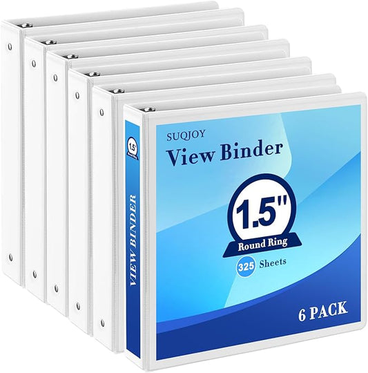 1.5 Inch 3 Ring Binder, 1-1/2“ Binder with 2 Interior Pockets, Durable White View Binders, Clear View Cover, Holds up to 325 Sheets US Letter Size, Perfect for Office/Home/School.(6 Pack)