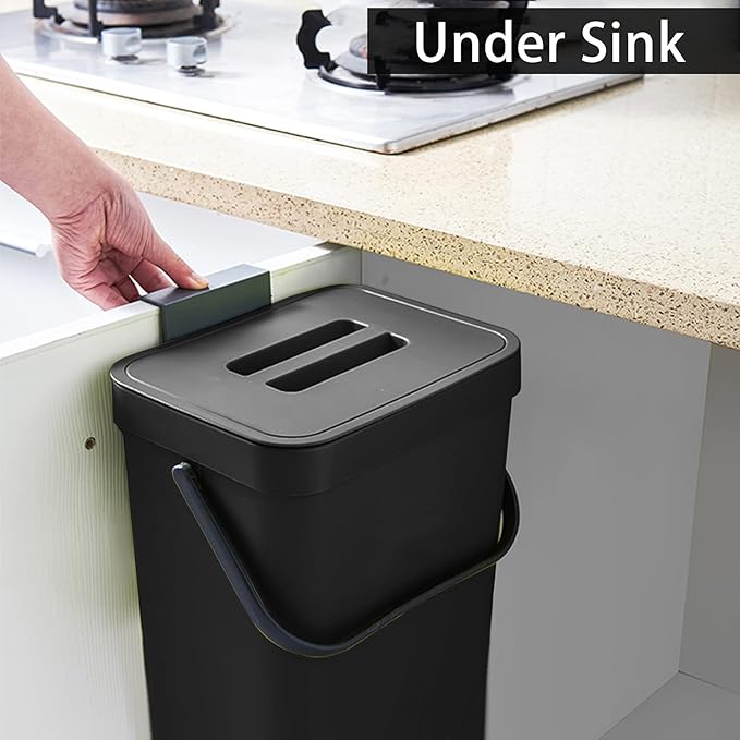 stonespace Under Sink Trash Can,Kitchen Compost Bin, Diaper Pail, 3.2 Gallon/12L Hanging Garbage Can for Baby Crib/Bathroom/Cupboard, Plastic Food Waste Bin,1 Pack Black