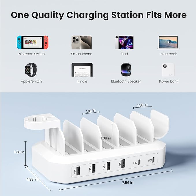 190W Fast Charging Station for Multiple DevicesใCertified Safer Chargingใ 6 Port USB Charger Station - Family Multi-Device Organizer Charging Dock Compatible with iPhone/Android/MacBook/iPad/Tablet