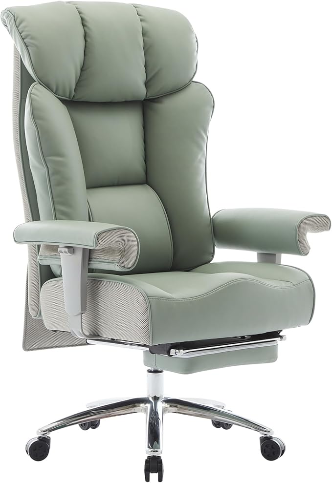 Efomao Big and Tall Green Office Chair 450LBS – Ergonomic High-Back Executive Chair with Footrest, Adjustable Padded Armrests, PU Leather Computer Chair with Lumbar Support for Home or Office,Green