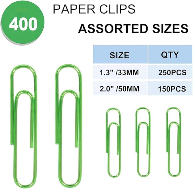 Vinaco Green Paper Clips, 400PCS Medium and Jumbo(1.3 inch & 2 inch) Paper Clips, Durable and Rustproof, Coated Large Paperclips Great for Office School Document Organizing (Green)