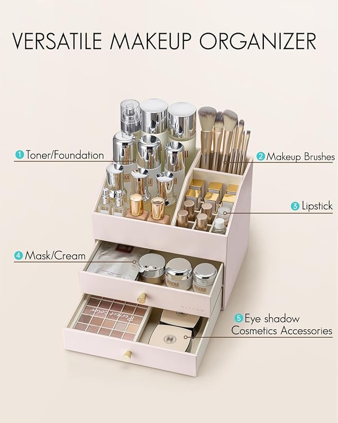 Vlando Makeup Organizer,Skincare Organizer for Vanity,PU Leather Make up Organizer with Drawers Cosmetic Display Case for Countertop,Perfume,Gifts Ideas for Women (Apricot White)