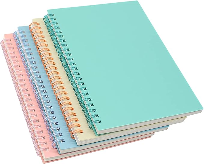 Yansanido Spiral Notebook, 4 Pcs A5 Thick Plastic Hardcover 8mm Ruled 4 Color 80 Sheets -160 Pages Journals for Study and Notes (Light Pink,Light Green,Light Blue,ivory, A5 5.7" x 8.3"-Ruled)
