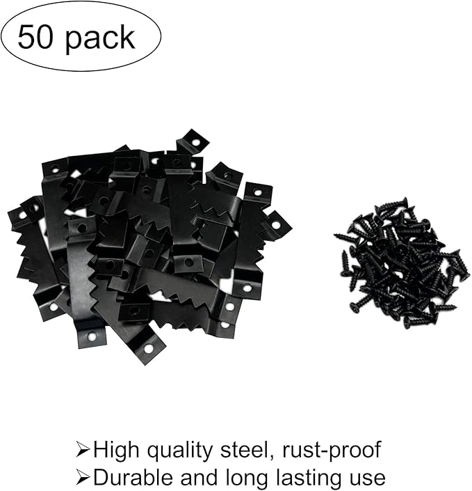 50 Pack Large Heavy Sawtooth Picture Hangers Steel Picture Hangers with Screws Picture Hang Solutions, for Hanging Clock Paintings Artwork Picture Frame Hook Photos (Black,Supports 50 lbs)