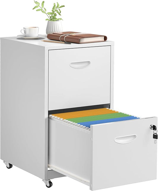 2 Drawer File Cabinet with Lock,White Rolling File Cabinet for Home Office, Metal Small Mobile Filing Cabinets on Wheels for Hanging Letter