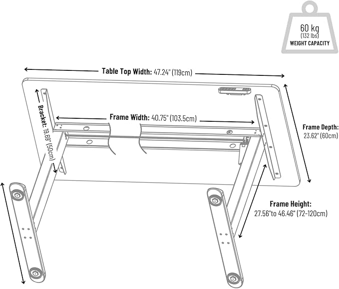 Sit to Stand Electric Standing Desk Complete Set with Frame and Tabletop 120 x 60 cm or 47.2 x 23.6 Inches (Black)