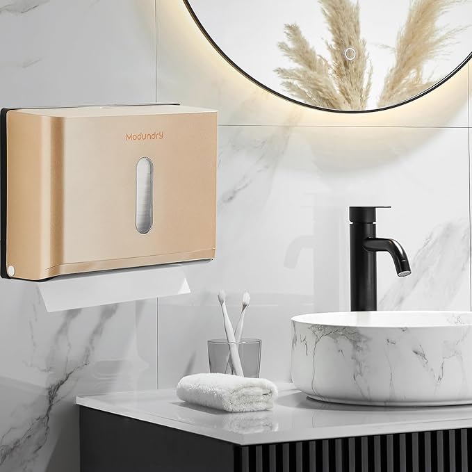 Paper Towel Dispensers Wall Mount: Multifold Z-Fold Paper Towel Holder, No Drilling Install, Compact Hand Towel Dispenser for Home Bathroom, Restroom, Office, Gold