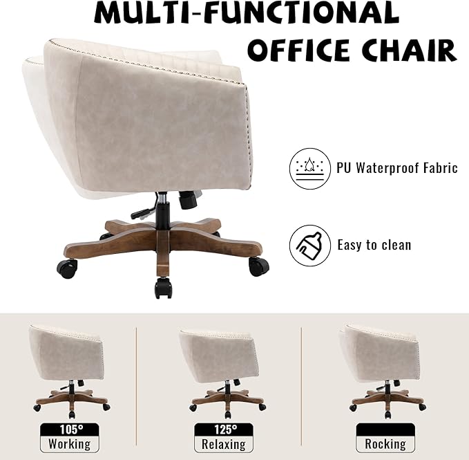 Beige Faux Leather Home Office Desk Chair, Upholstered Barrel Swivel Adjustable Arm Desk Chair with Nailheads, Comfy Mid-Back Study Chair with Silent Wheel for Study Office Computer