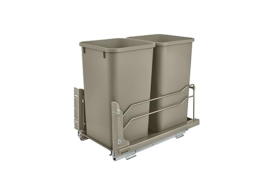 Rev-A-Shelf Double Pullout Trash Can for Base Kitchen Cabinets 27 Quart 12.5 Gallon with Soft-Close Slides, Champagne, 53WC-1527SCDM-212