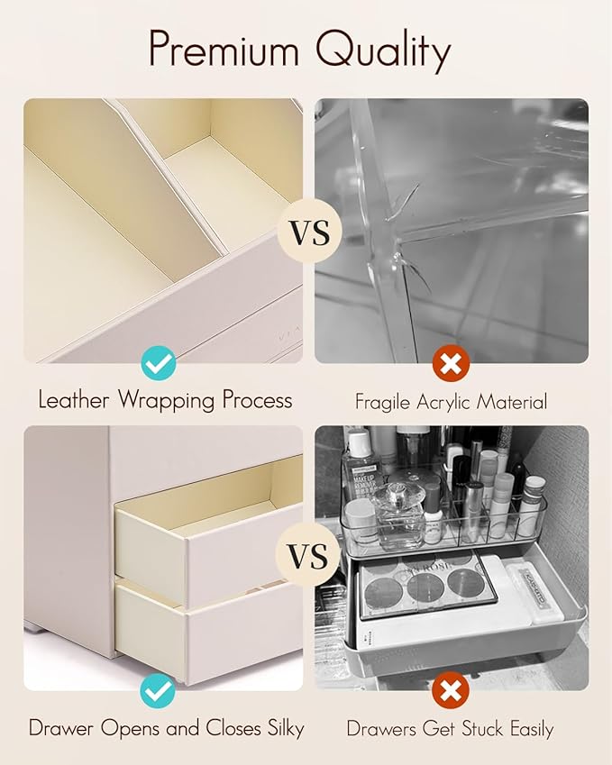 Vlando Makeup Organizer,Skincare Organizer for Vanity,PU Leather Make up Organizer with Drawers Cosmetic Display Case for Countertop,Perfume,Gifts Ideas for Women (Apricot White)