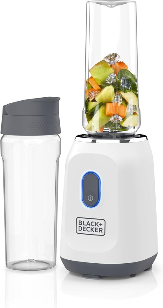 BLACK+DECKER® Ice Crush Single Serve Blender with Pulse/ON Button, Base, Two 20oz Personal Blender Jars, Blade Assembly, Travel Lid, White
