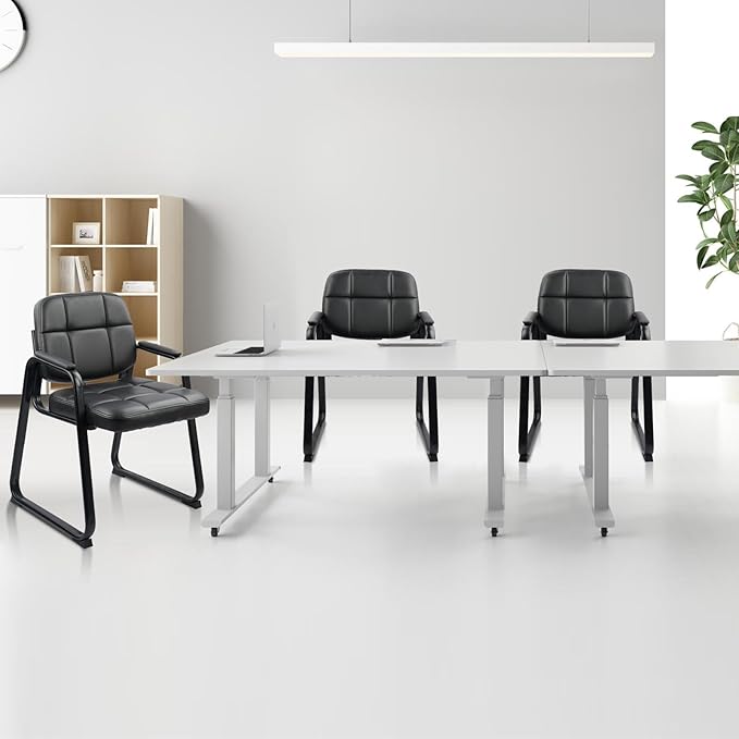 CLATINA Waiting Room Guest Chair with Bonded Leather Padded Arm Rest for Office Reception and Conference Desk Black with Sled Base 8 Pack