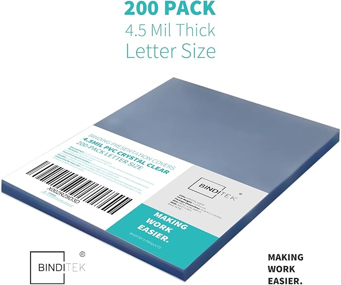 Binditek 200 Pack 4.5 Mil PVC Binding Covers, 8.5 x 11 Inches, Letter Size, Square Corners, Un-Punched, Office Supplies