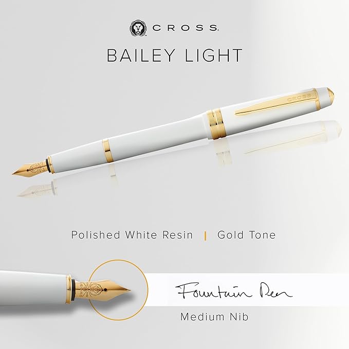 Cross Bailey Light Refillable Fountain Presented in a Everyday Gift Box - Medium Point, Black Ink, Polished White