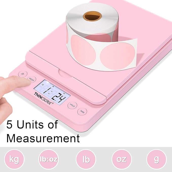 THINKSCALE Shipping Scale, 86lb/0.1oz Postal Scale-Candy Pink Style, Hold/Tear Function, Flip up Holder Postage Scale, Digital Scale for Packages Small Business and Mails, Battery & AC Adapter