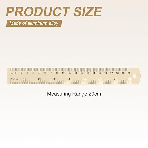 HARFINGTON 2pcs Metal Straight Ruler 20cm Metric SAE Aluminum Alloy Measuring Rulers Scale Tool with Hole for Measure Study Reading Classroom Office, Beige