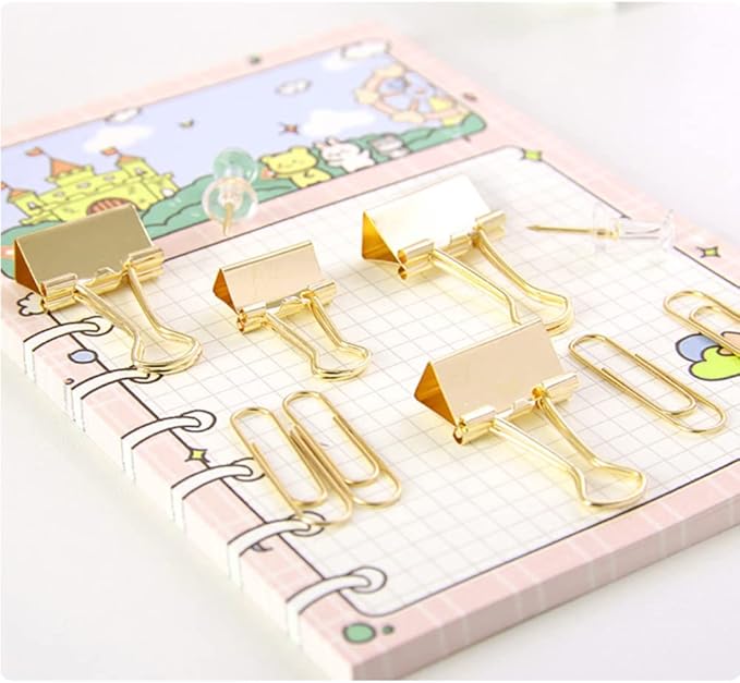 Gold Paper Binder and Clips Set, Metal Assorted Sized Binders with Push Pins, Cute Office Supplies, Teacher Desk Must Haves, Desk Accessories