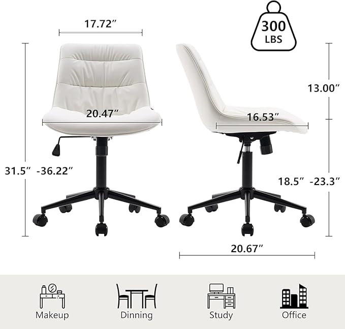 Kidol & Shellder Faux Leather Office Chair, Adjustable Swivel Height Task Chair, Rolling Wheels & Soft Backrest - Armless Ergonomic Desk Chair for Home, Office,Vanity,Gaming(White)