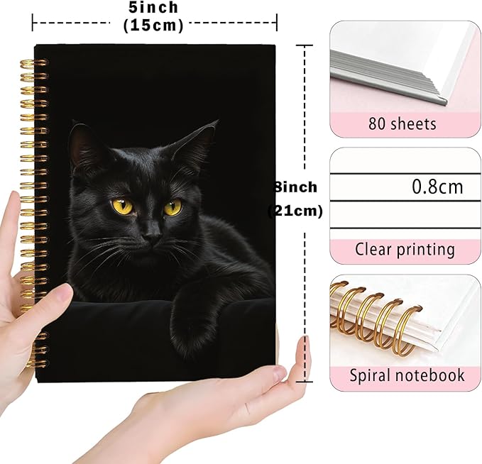 Lacama Cat Notebook Cat Journal, Black Cat Spiral Journal Notebook, Gifts for Cat Lovers, Trendy Cat Notebooks for School and Office Supplies, Cat Stationary 5.5x8.3