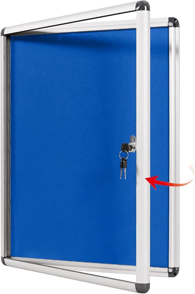 SWANCROWN Lockable Notice Board Tamperproof Enclosed Display Board for Home Office School,Wall-Mounted,Blue Fabric,26x20inch(4xA4)