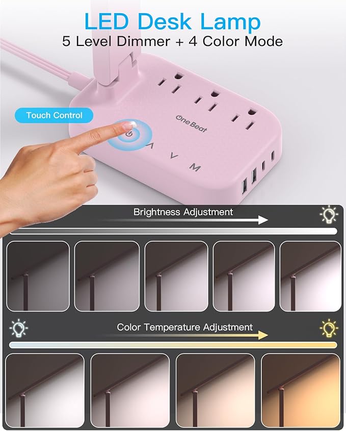 Dorm Room Essentials for Girls, Pink Power Strip with LED Desk Lamp, 3 Outlets 4 USB Ports, 4 Modes 5 Level Touch Lamp Small Desk Lamp for Home Office Bedroom Study Reading Light, 5ft Extension Cord