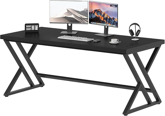 LVB Modern Black Computer Desk, Long Industrial Home Office Desk for Student, Large Metal Wood Writing Study Computer Table, Farmhouse Executive Simple Gaming PC Work Desk for Bedroom, Black, 60 Inch