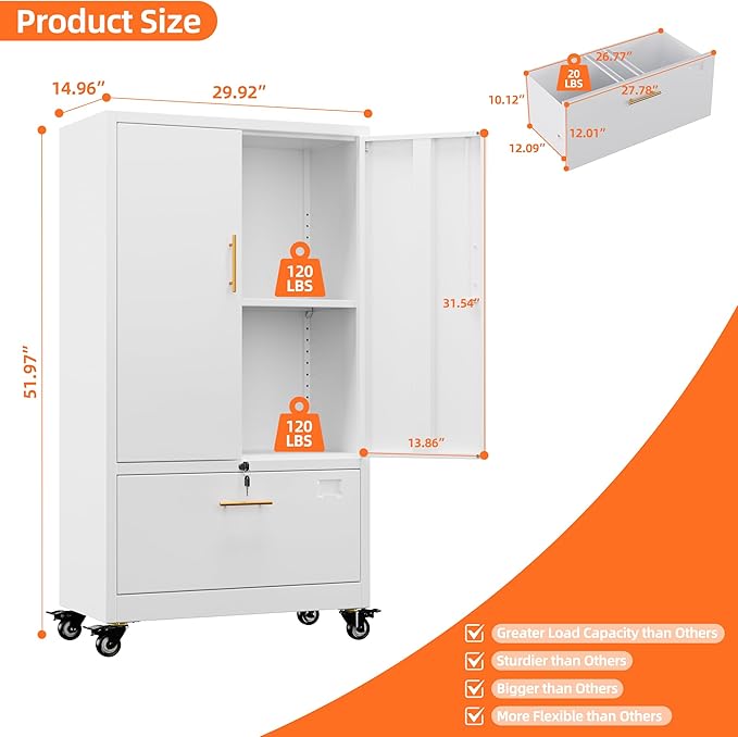 Aobabo Metal 1 Drawer Office File Cabinet with Lock and 2 Doors, Office Steel Files Cabinet with Wheels, Legal/Letter A4 Size, Assembly Required, White
