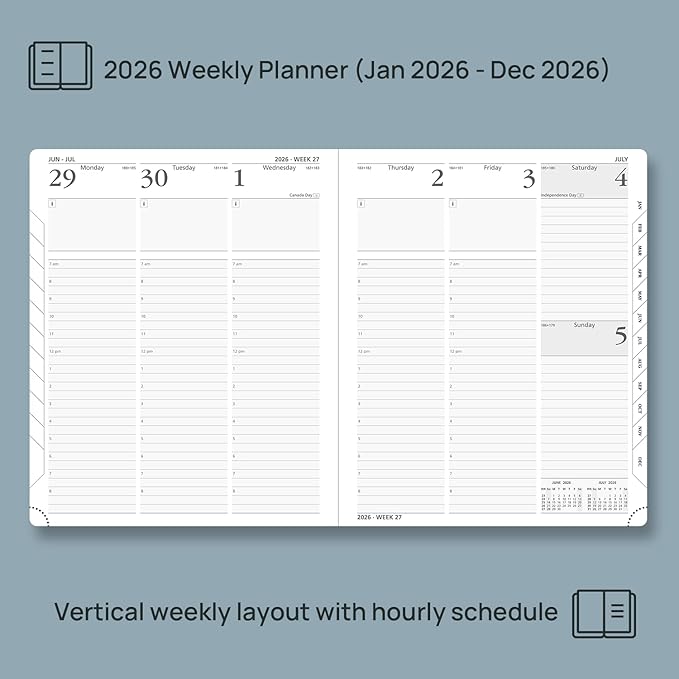 POPRUN 2026 Planner (Large Size 8.5''x 10.5'' Hardcover) - Daily Weekly and Monthly Calendar Agenda 2026 Appointment Book with Hourly Time Slots, Monthly Tabs, 100 GSM - Pacific Green
