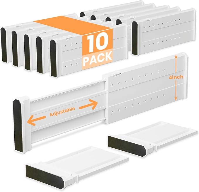REBECAT 10 Pack Drawer Dividers for Clothes Adjustable Drawer Dividers 4" High Expandable from 11"-17" for Dresser Baby Clothes Bathroom Bedroom Kitchen and Office Storage,White