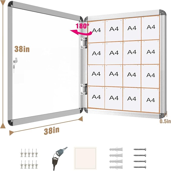 38"x38" Enclosed Bulletin Board, Lockable Weather-Resistant Aluminum Cork Noticeboard for School & Office, Silver Frame w/Cork