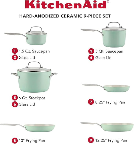 KitchenAid Hard Anodized Ceramic Nonstick Cookware Pots and Pans Set, 9 Piece - Pistachio