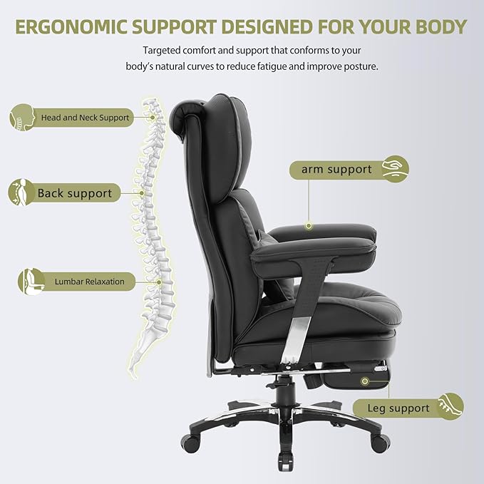 Efomao Big and Tall Office Chair with Footrest – High Back Computer Chair with Adjustable Armrests,Executive Office Chair with Wide Seat, Modern Desk Chair for Home Office, Gaming, or Study, Black