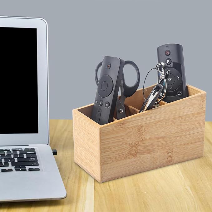 Bamboo Wood Pens Pencils Holder Cup for Desk Remote Control Holder, Caddy,Organizer,Desktop Storage with 4 Compartments,Multiuse for Store TV Remotes,Game Console,Phones,Office Supplies (4 Grid)