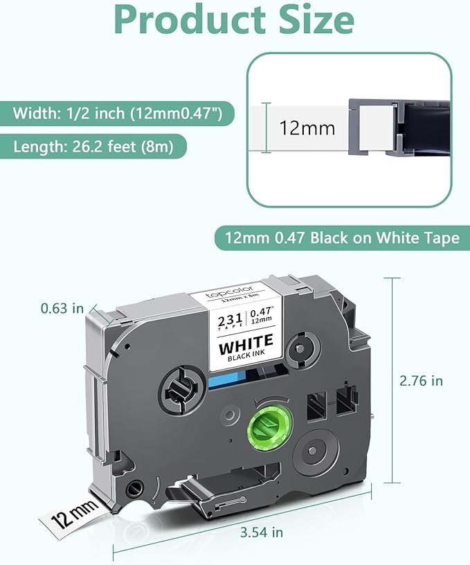 10-Pack 12 mm 0.47" Black on White Compatible for Brother Tze-231 Tz231 P Touch Label Tape 12mm 0.47" Laminated White Tze Tz Tape 1/2" for PT-D210 PT-D202 PT-D220 PTD410 PTD600 PTD400 PT2430