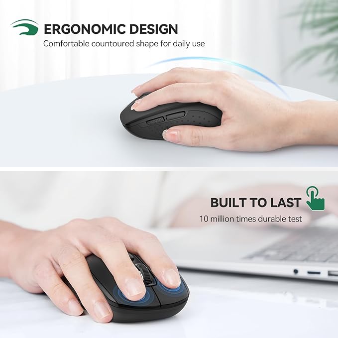 TECKNET Bluetooth Mouse, 4000DPI Silent Wireless Mouse for Laptop 2-in-1(BT5.0 & 2.4G) 5 Adjustable DPI, Compute Portable PC Mice with USB-A Receiver & 6 Buttons for Mac, 18 Months Battery