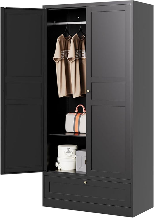 Letaya Wardrobe Closet,72" H Clothing Metal Storage Cabinet with Storage Drawer Adjustable Shelves and Hanging Rod,Bedroom Armoire Cabinet Clothes Organizer (Black)