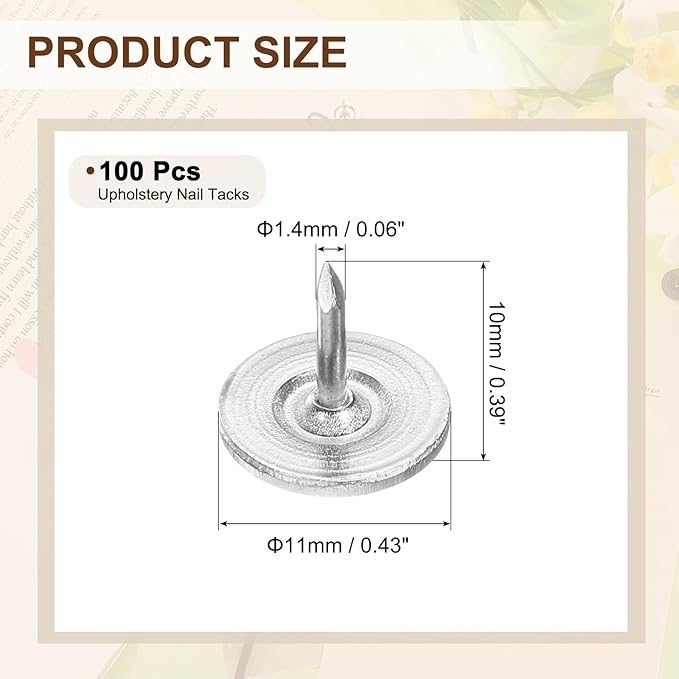 uxcell 100Pcs Upholstery Tacks, 11mmx10mm Flat Head Thumb Tack Decorative Furniture Nails Push Pins for Furniture Sofa Headboards, Silver