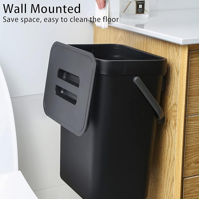 stonespace Under Sink Trash Can,Kitchen Compost Bin, Diaper Pail, 3.2 Gallon/12L Hanging Garbage Can for Baby Crib/Bathroom/Cupboard, Plastic Food Waste Bin,1 Pack Black