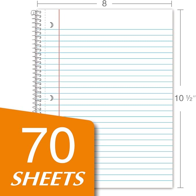 KAISA Spiral Notebooks 1 Subject Note Books,70 Sheets 10.5x8in Wide Ruled, Paper Note Books Home School Supplies for Students Office, 1Carton of 24Books