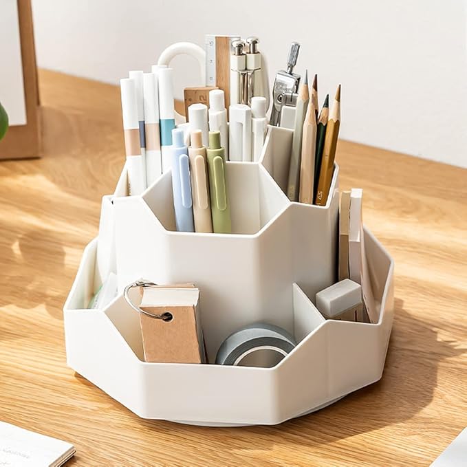 Rotating Art Supply Storage Organizer,Pencil Holder with 9 Compartment, Pen Storage Organizer, for Kids Art Desk, Homeschool Supplies, Home Office Desktop Organizer(White)