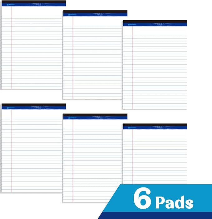 Legal Pad 8.5 x 11 Note Pad, Wide Ruled Writing Pad, White Paper, 6-Pack, 50 Sheets Per Pad, Micro-Perforated Notepad, Office Supplies (KSU-8331) - Made in the USA