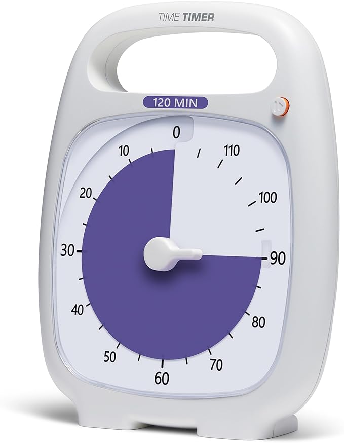 TIME TIMER PLUS 120 Minute Desk Visual Timer Countdown Timer with Portable Handle for Classroom, Office, Homeschooling, Study Tool, with Silent Operation (White)