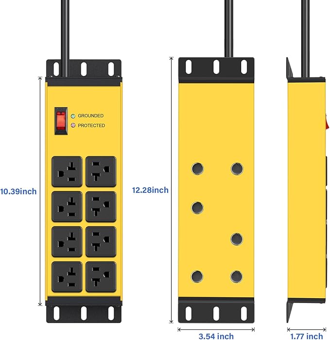 CCCEI Magnetic Heavy Duty Power Strip Surge Protector 20Amp, 12 Gauge High Amp Extension Outlets, Garage Wall Mount 8 Plug Metal Power Strip. 6FT, Yellow, 5-15P Adapter 6-20R T-Slot 20a for Appliance