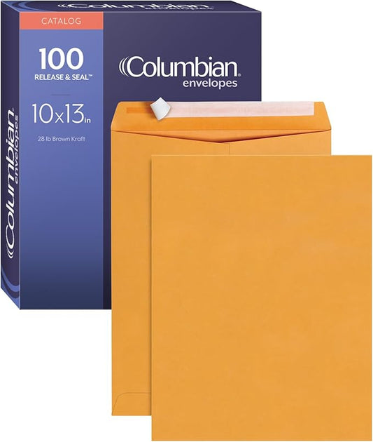 Columbian 10 x 13 Catalog Envelopes with Self Seal Closure, 28 lb Brown Kraft, for Mailing Flat Letter Size Documents or Photos, 100 Per Box (COLO335)