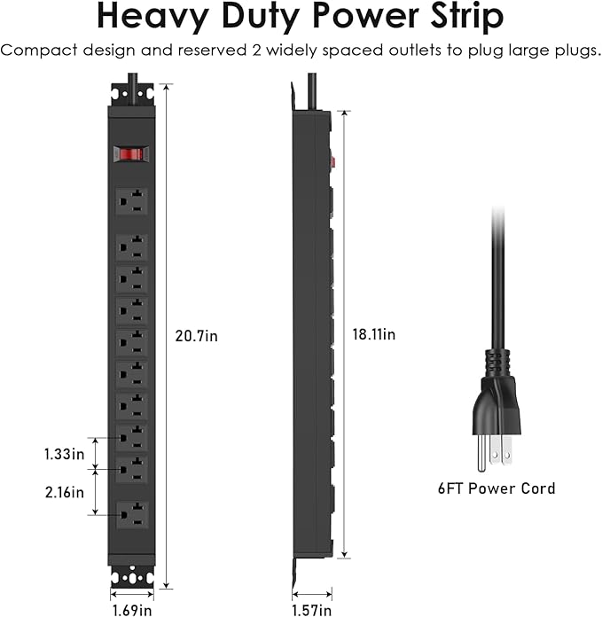 JUNNUJ Multi Angle Mount 10 Outlet 20 Amp Power Strip Heavy Duty, 2700J Surge Protector Under Desk with Switch 20A, Garage Workbench Gaming Outlet Table Wall Mountable, 6FT 12AWG Extension Cord