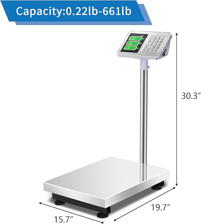 TUFFIOM 661lbs Weight Electronic Platform Scale,Stainless Steel High-Definition LCD Display,Digital Floor Heavy Duty Scales,Perfect for Luggage Package Price Computing Postal Shipping Mailing