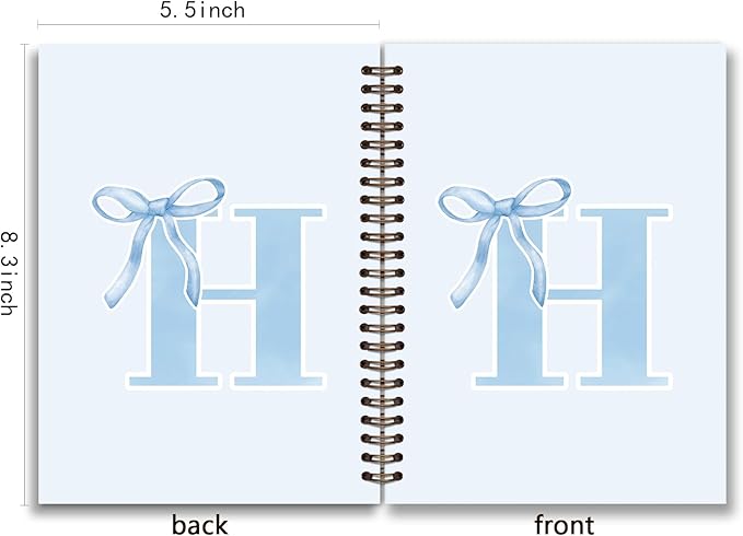 Initial H Notebook Journal,Personalized Teen Girl Gifts,Coquette Trendy Preppy Blue Bow Spiral Notebook,Monogrammed Gifts for Women Teen Girl,College Ruled Hardcover Spiral Notebook 5.5 x 8.3