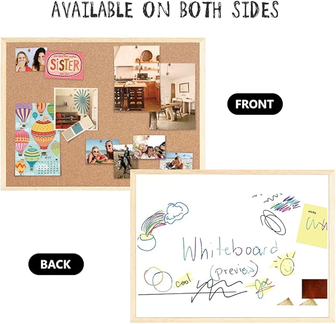 20” x 28” Cork Boards for Walls with Wooden Frame 1pack, Whiteboard and Cork Board Combo Double Sided Office Board for Wall Organizer, Bulletins Board Hanging Pin Board for School Home Office